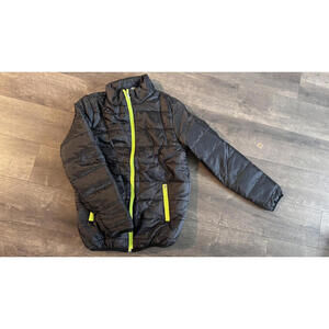 Black Puffer Jacket Quilted Neon Green Zipper Medium (M) Lightweight